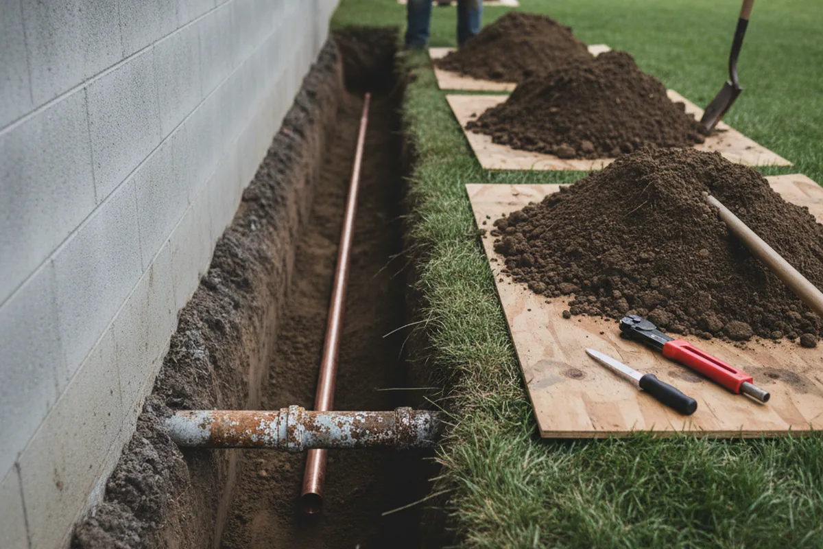 Excavated water line trench during Water Heater Repair in Liberty